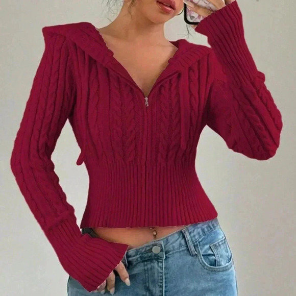 Red Casual Women's Plain Zippered Hooded Drawstring Cardigan - Picture 4 of 5